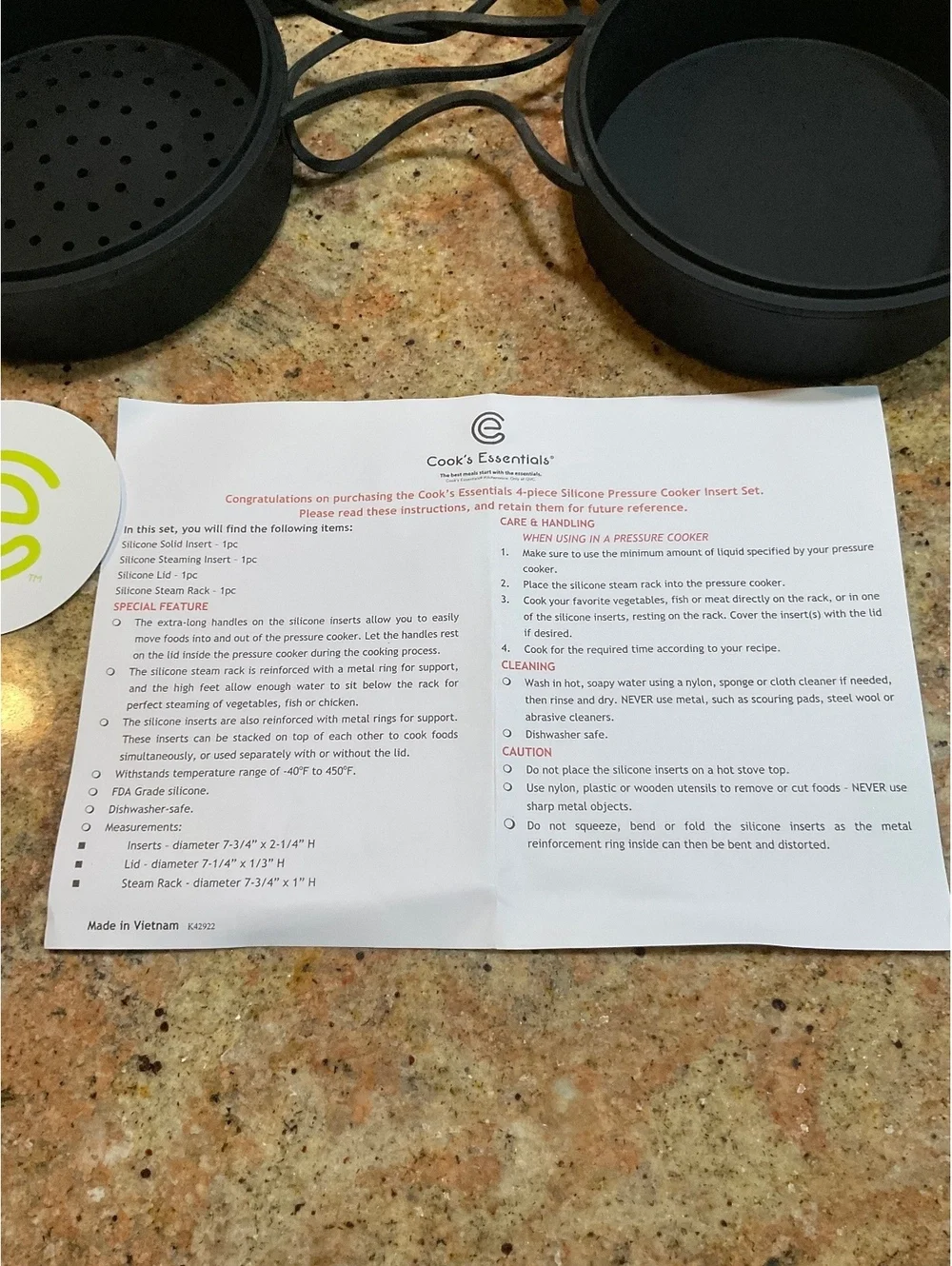 Cooks Essential 4pc. Silicone Inserts For Pressure Cooker NIB